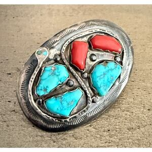 Effie C Zuni Vintage Turquoise Coral Snake Belt Buckle Handmade Sterling